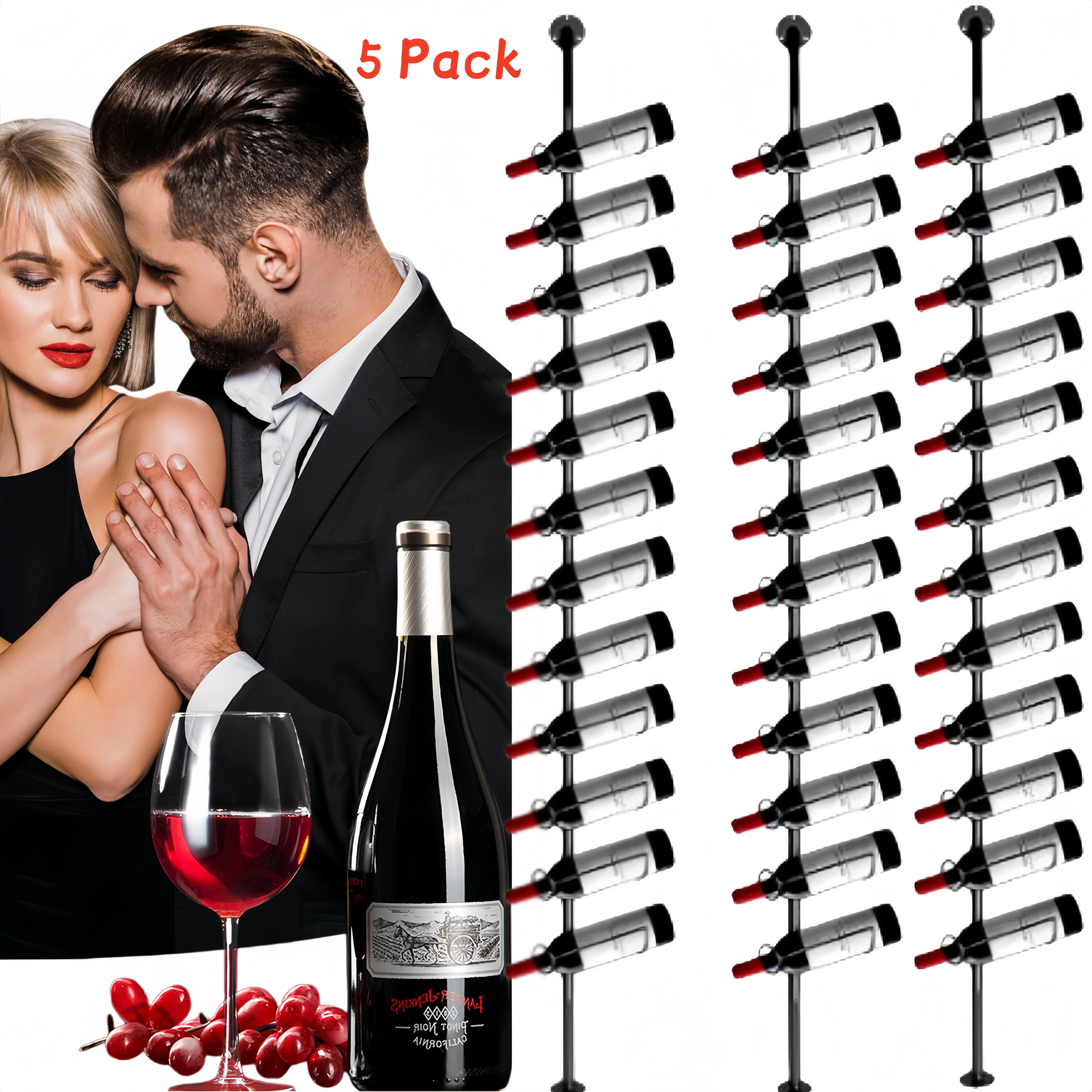 

Черная металлическая винная полка на 60 бутылок, держатель для вина, стеллаж для хранения винных бутылок, настенная 5 упаковок для кухни, столовой, бара