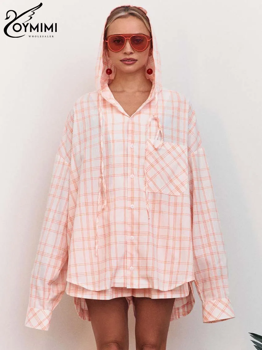 Oymimi Fashion Pink Plaid Print Women 2 Piece Set Outfit Casual Hooded Collar Long Sleeve Button Shirts And Pockets Shorts Sets