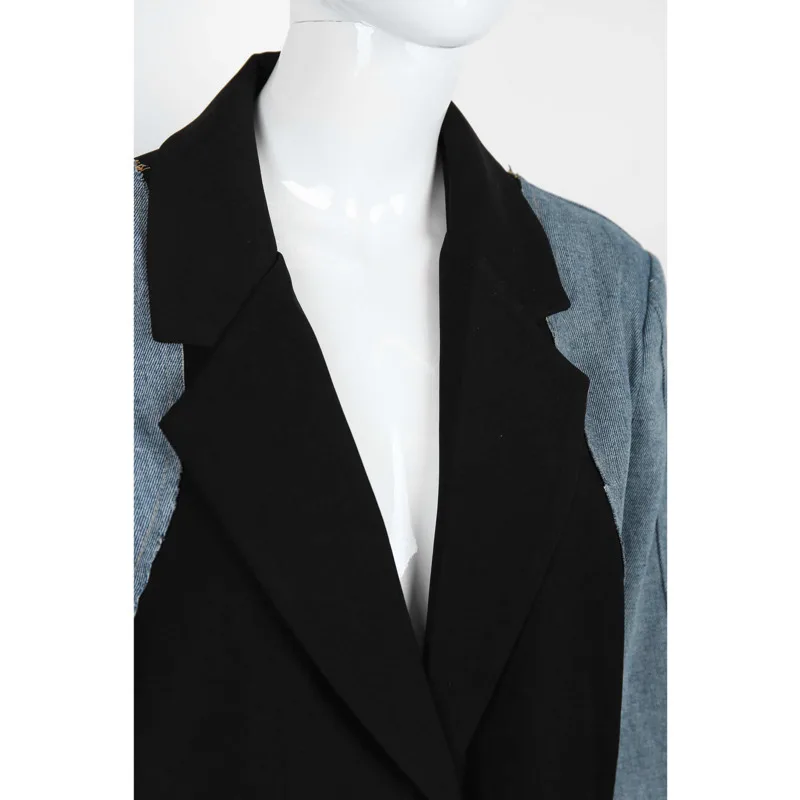 KWTX 2025, Frühling, Sommer, Damen-Kontrast-Blazer, Schwarz, Blau, zwei Knöpfe, Kerbe, Revers, hinten, Schlitz am Saum, Premium-Büro-Freizeitjacke