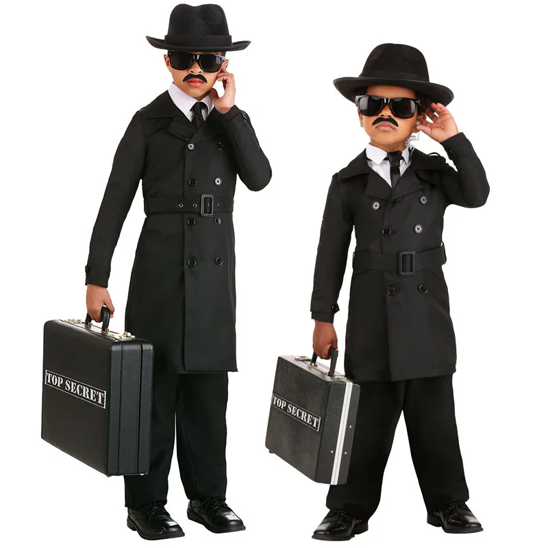 

2023 Children Detective Costume Secret Service Black Jacket Cosplay Halloween Carnival Party Uniform For Adult Kid