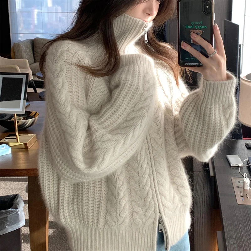

Lazy Wind Knitted Cardigan Women Vintage Loose Casual Long Sleeve Zipper Sweater Korean Office Lady Autumn Winter Female Tops