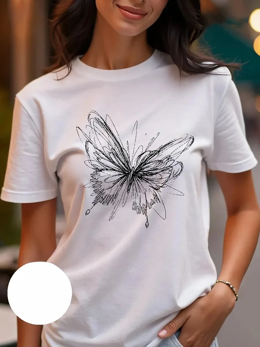 Creative Line Print, Round-Neck Short-Sleeved Top T-Shirt