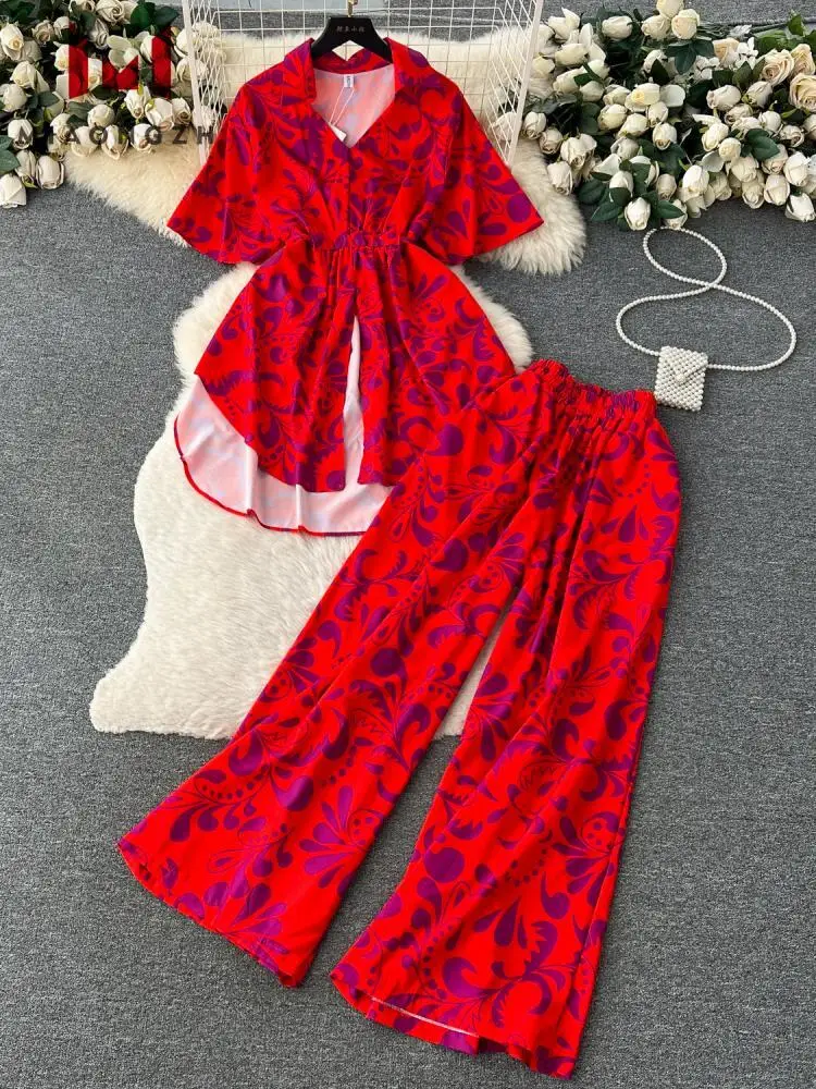 Fashion Floral Two Piece Set For Women Print Short Sleeve Lapel Tops+High Waist Wide Leg Pants 2 Pieces Sets 2023 Summer Suit