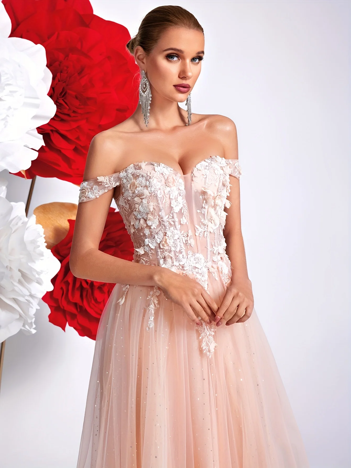 Tiulowe sukienki na studniówkę z odkrytymi ramionami, w kształcie litery A, z aplikacjami, koralikami, kwiatami 3D, brokatem, sukienki wieczorowe na Boże Narodzenie, sukienki na konkurs piękności dla dziewczynek.