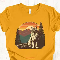 Retro Maine Coon Cat Sunset Mountains T Shirt Vintage Style Fluffy 100 Cotton for Mom or Dad long or short sleeves