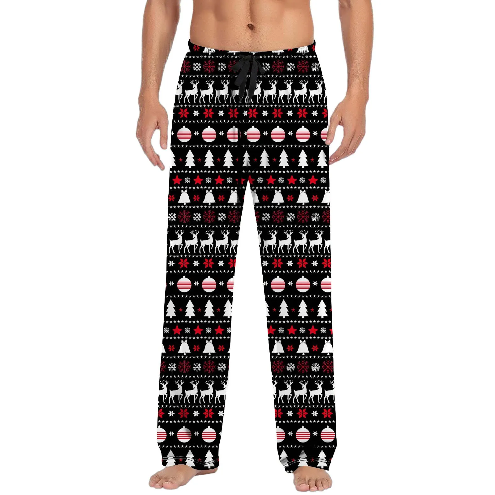 Mens Christmas Pants Vintage Ethnic Style Print Baggy Straight Trousers Loose Drawstring Waist Pajamas Homewear Trousers Male