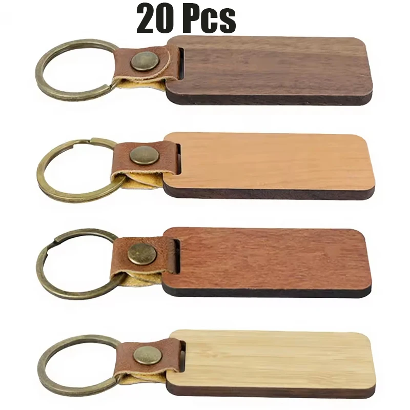 20Pcs Natural Wood Keyring Blank, Rectangle Key Tag with Leather Tab,Gift Key Accessory