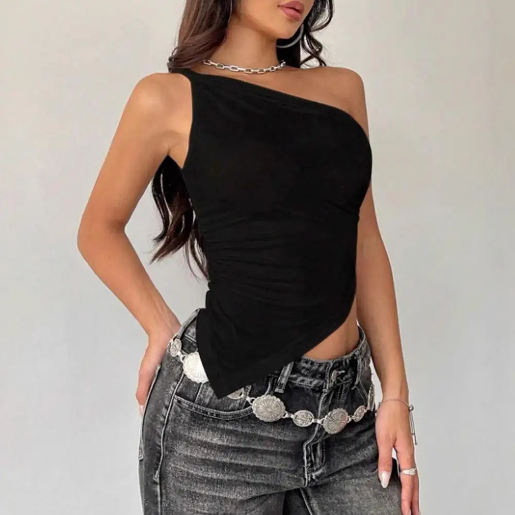 One-shoulder Women Cropped Tops Irregular Hem Elastic Slanted Collar One-Shoulder Solid Color Summer Tops Party Club Dating Wear