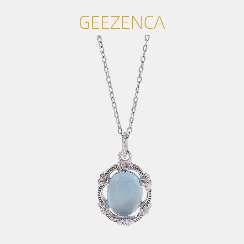 

GEEZENCA Blue Cabochon Aquamarine 925 Silver Rose Heart Pendant Women Elegant Trendy Love Gift Necklace Pendants Without Chain