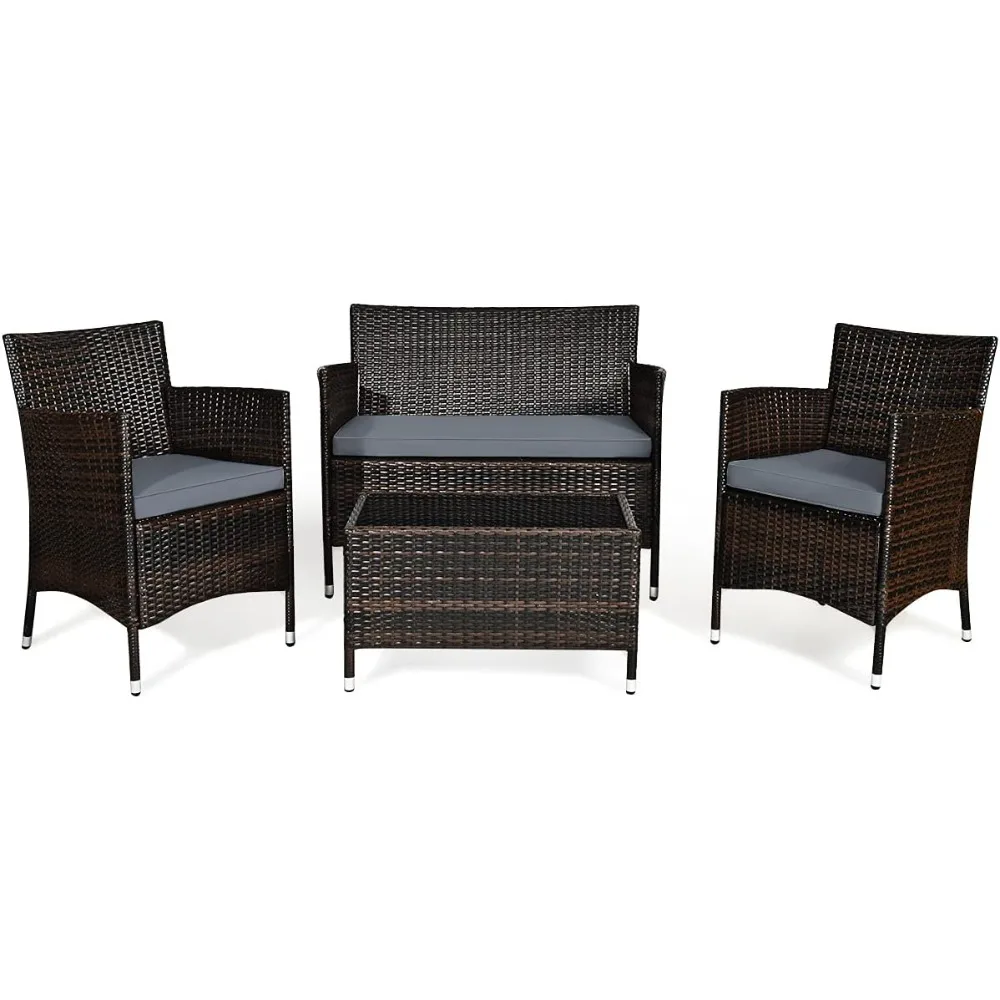 

4-Piece Rattan Patio Set, Outdoor/Indoor Wicker Conversation Set for Pool, Backyard, Lawn, Wicker Chairs and Sofa with Soft Cus