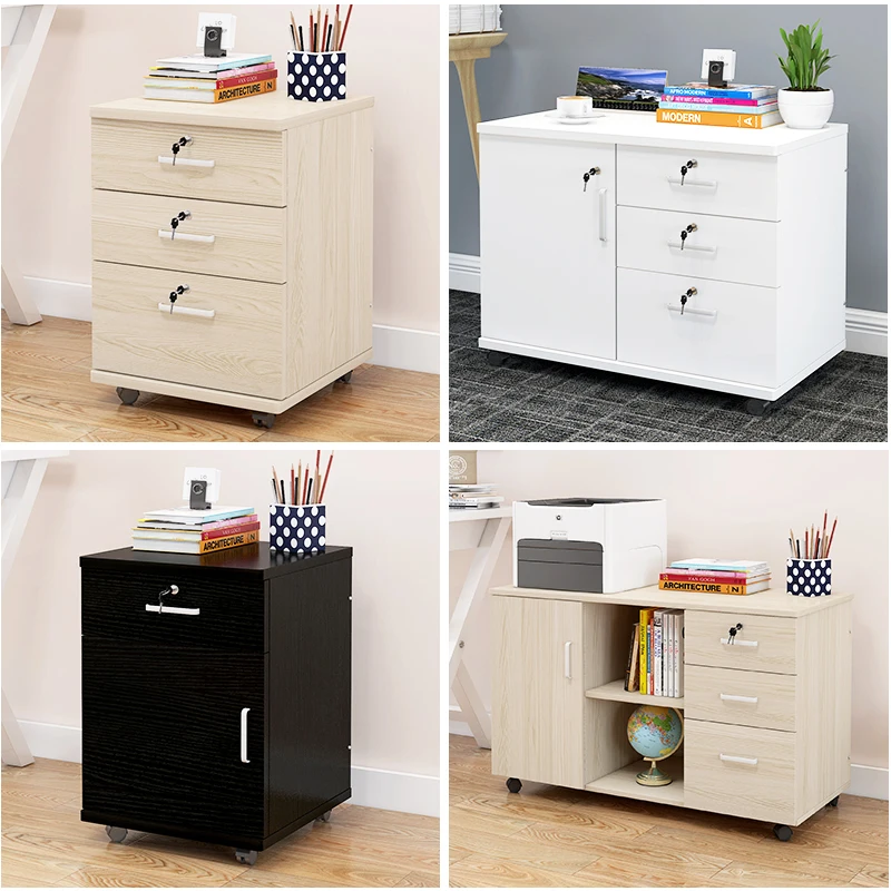Office with lock Wooden floor-to-ceiling mobile file Data cabinet Multi-layer small file cabinet w/ drawers under the table
