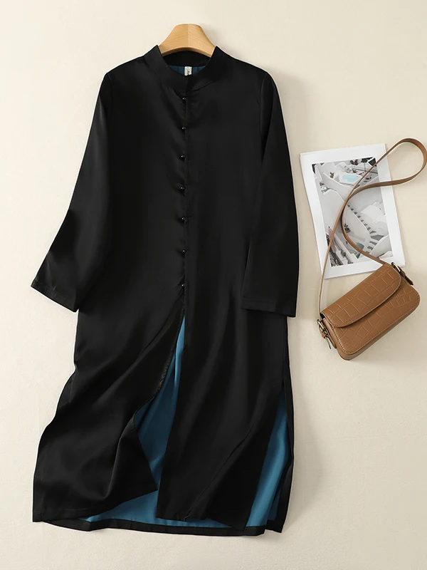 High-End plus Size Women's Dress 2026 Patchwork Color Xiangyun Silk Retro Art Long Sleeve Windbreaker Dress