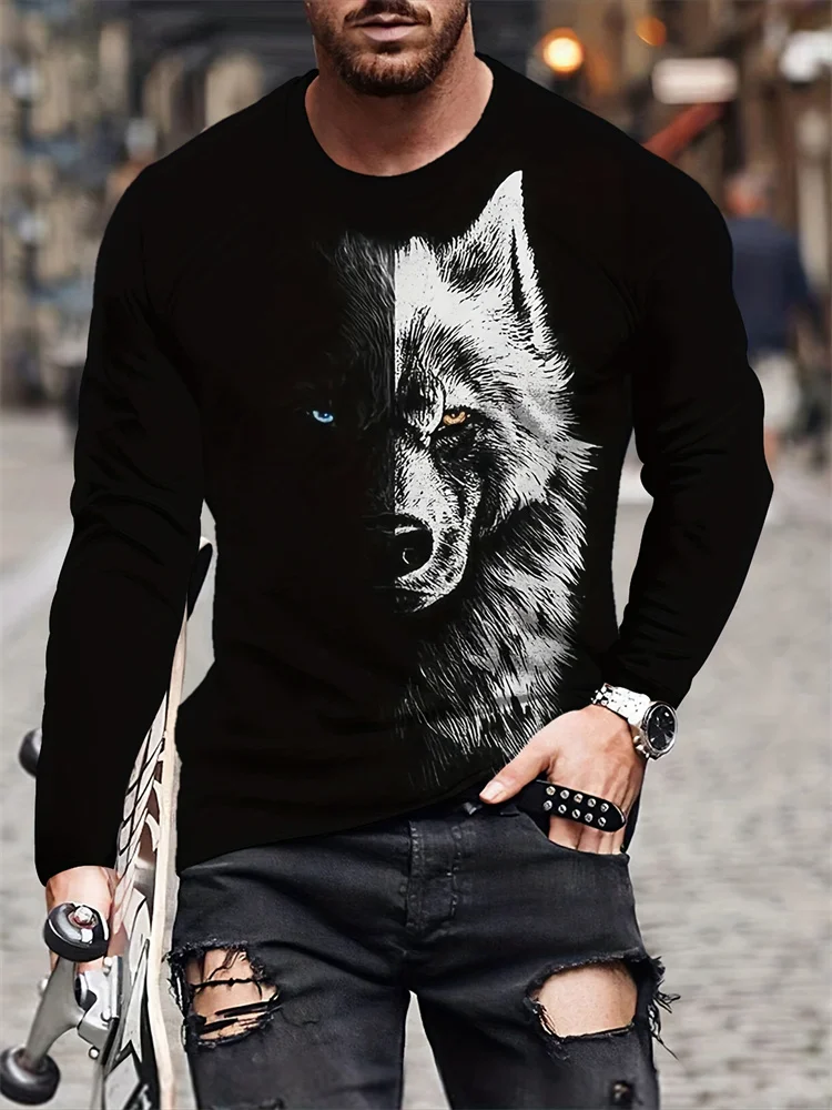 2024 New Wolf Print Men's Long Sleeve T-shirt Spring And Autumn Men's Daily Casual Shirt Street Fashion Men's Long Sleeve T-shir