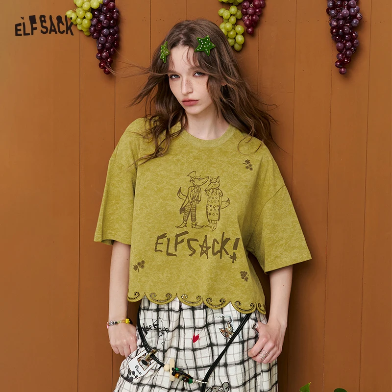 

ELFSACK Cartoon Print Scalloped Hem T-Shirt, Purple Half Sleeve Casual Tee, Loose Summer Top for Women