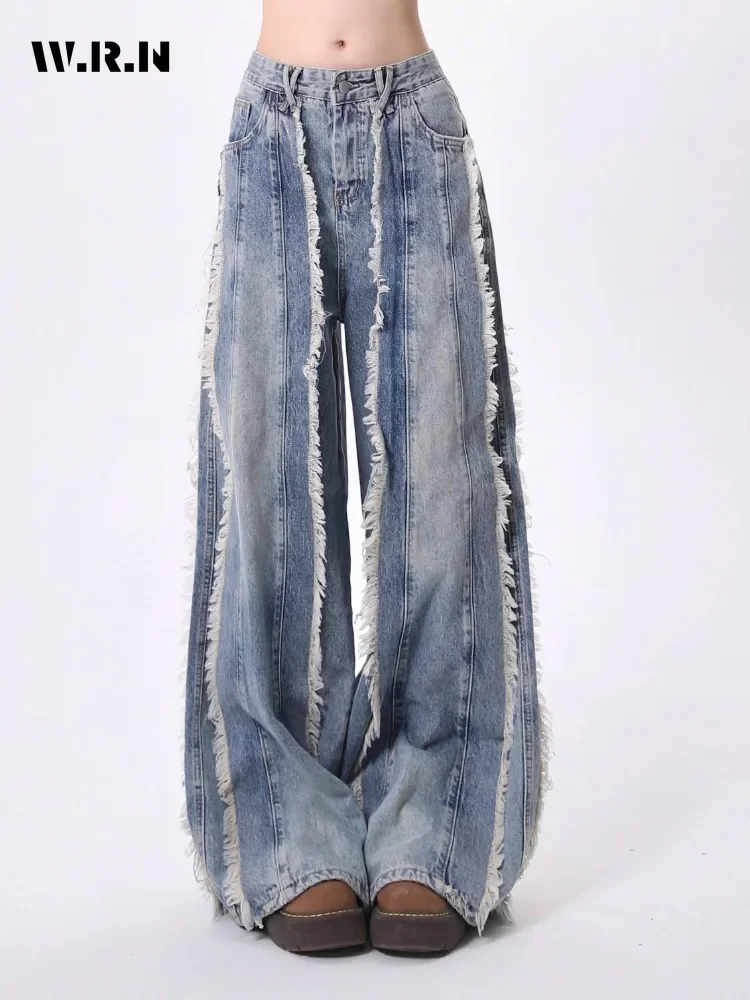 2024 Jesienne damskie casualowe frędzle Sexy Jeans Vintage Wide Leg Hotsweet Emo Loose Washed Pants Baggy Y2K Punk Denim Trouser