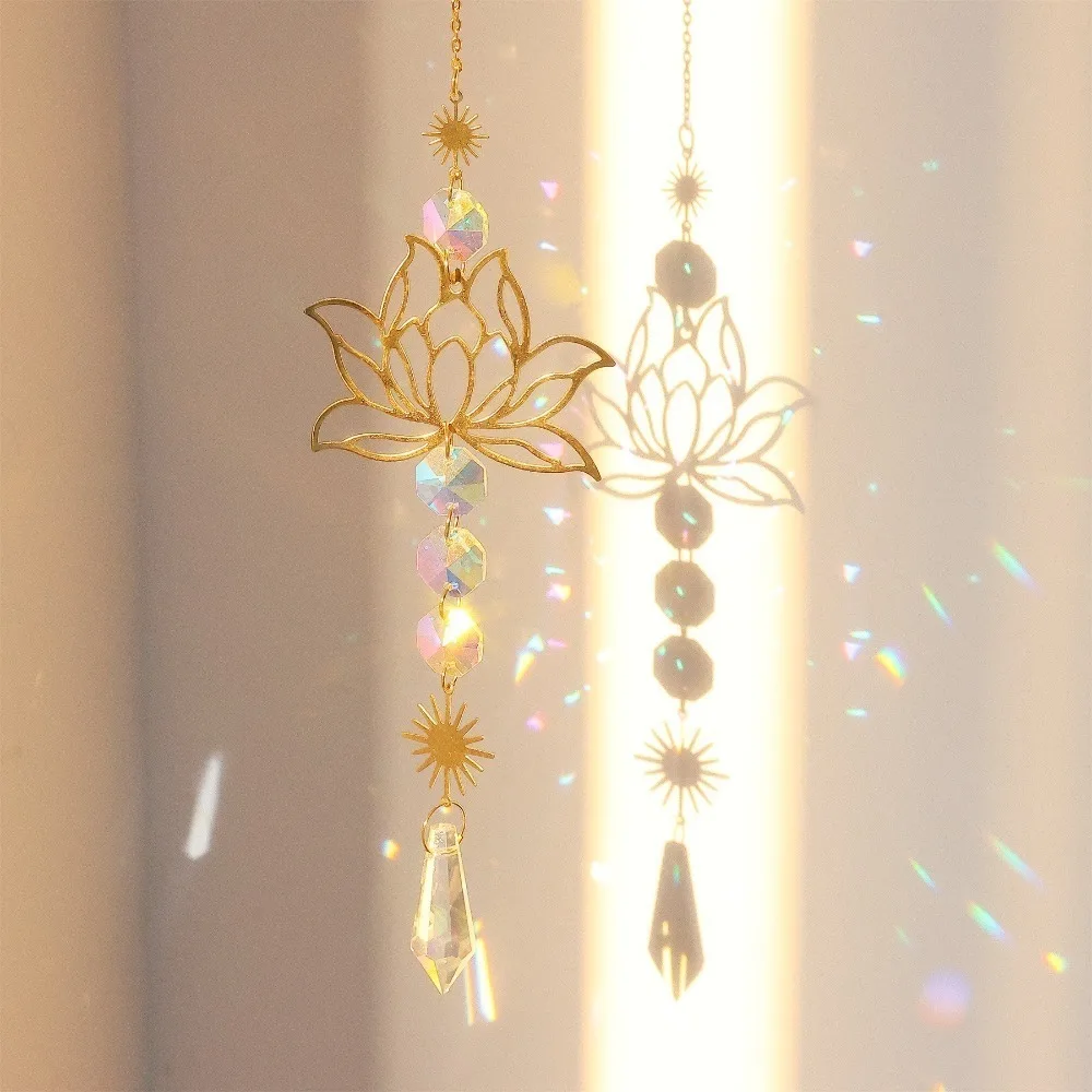 

Fashion Golden Lotus Suncatcher Colorful Home Garden Decor Gardening Crafts Gift Crystal Decoration Pendant Water Drop Pendant