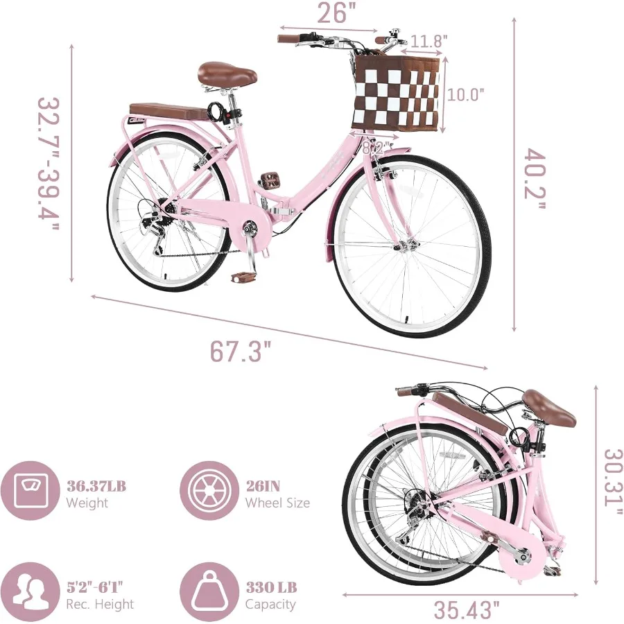 دراجة شاطئ كروزر قابلة للطي مقاس 24 26 بوصة مع نظام تروس 7 سرعات وسلة مدمجة بتصميم إطار من خلال الخطوة لسهولة ركوب الخيل