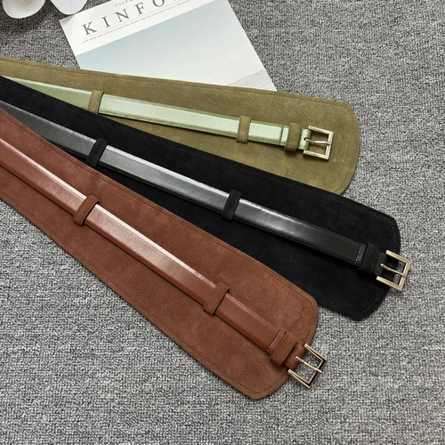 Imagen 2 del producto Pretina de doble propósito de gamuza Retro, cuero marrón contrastante, cintura de chaqueta y cinturón ancho