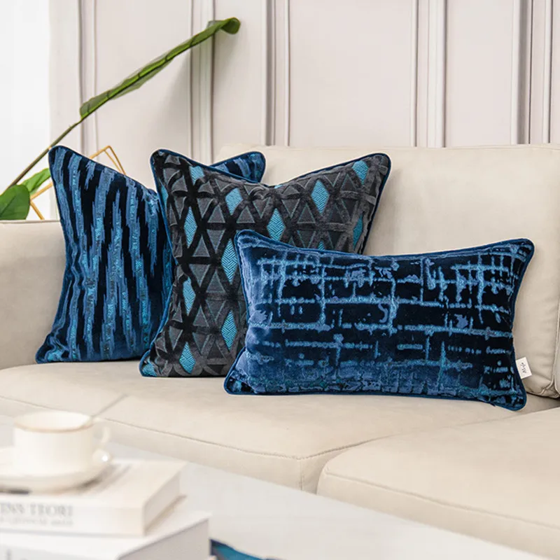 Luxury Blue Velvet Cushion Cover, European Pillow Cover, Geometry, Home Decorative Sofa Cushion, 30x50cm, 45x45cm, 50x50cm