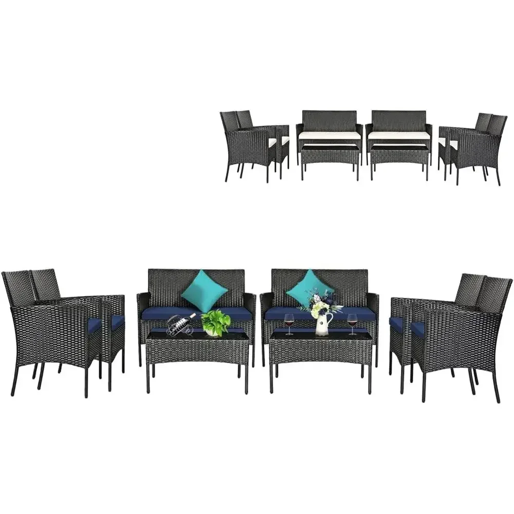 8 Pieces Patio urniture Set, Outdoor Wicker Contion Set with Tempered Glass Tabletop, Rattan Soa and Chairs Set with O White & N