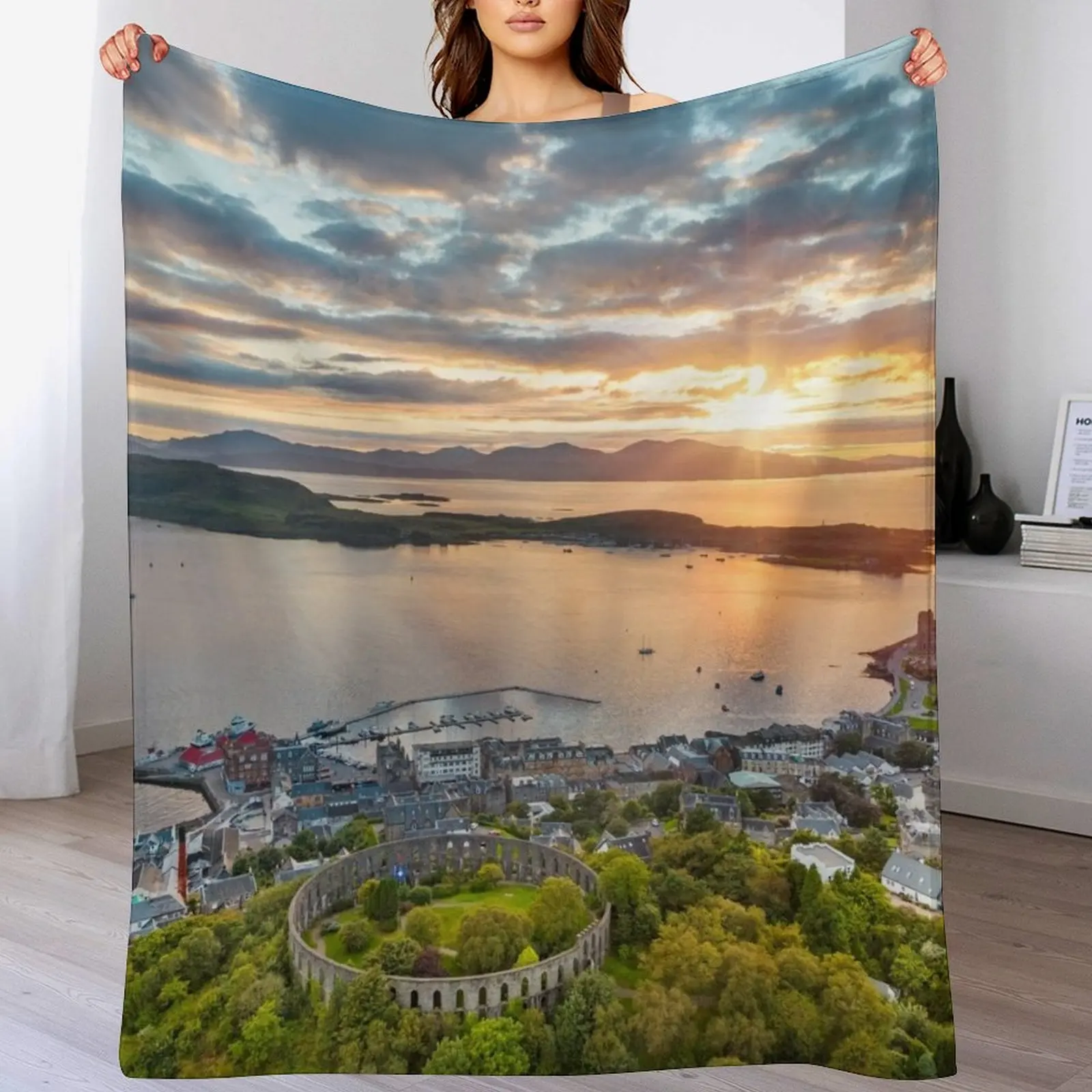 Sunset over beautiful Oban, Scotland - Scottish Landscape Photography Throw Blanket Bed decorative Blankets