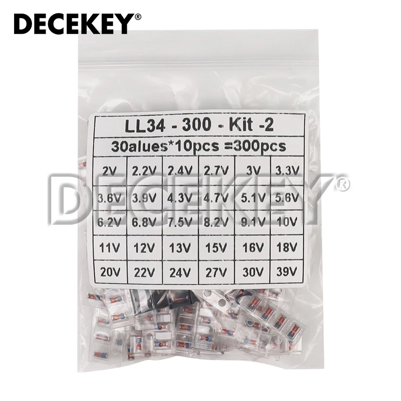 300pcs 1/2W SMD LL34 Zener Diode Assorted Kit 0.5W 2V - 39V 30Values Each 10pcs DIY Sample Set