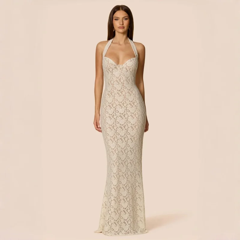 

Women Gown Elegant Hollow Sleeveless Evening Dresses Lace Sleeveless Sexy Maxi Dress Hollow Out Half High Collar Split Bodycon