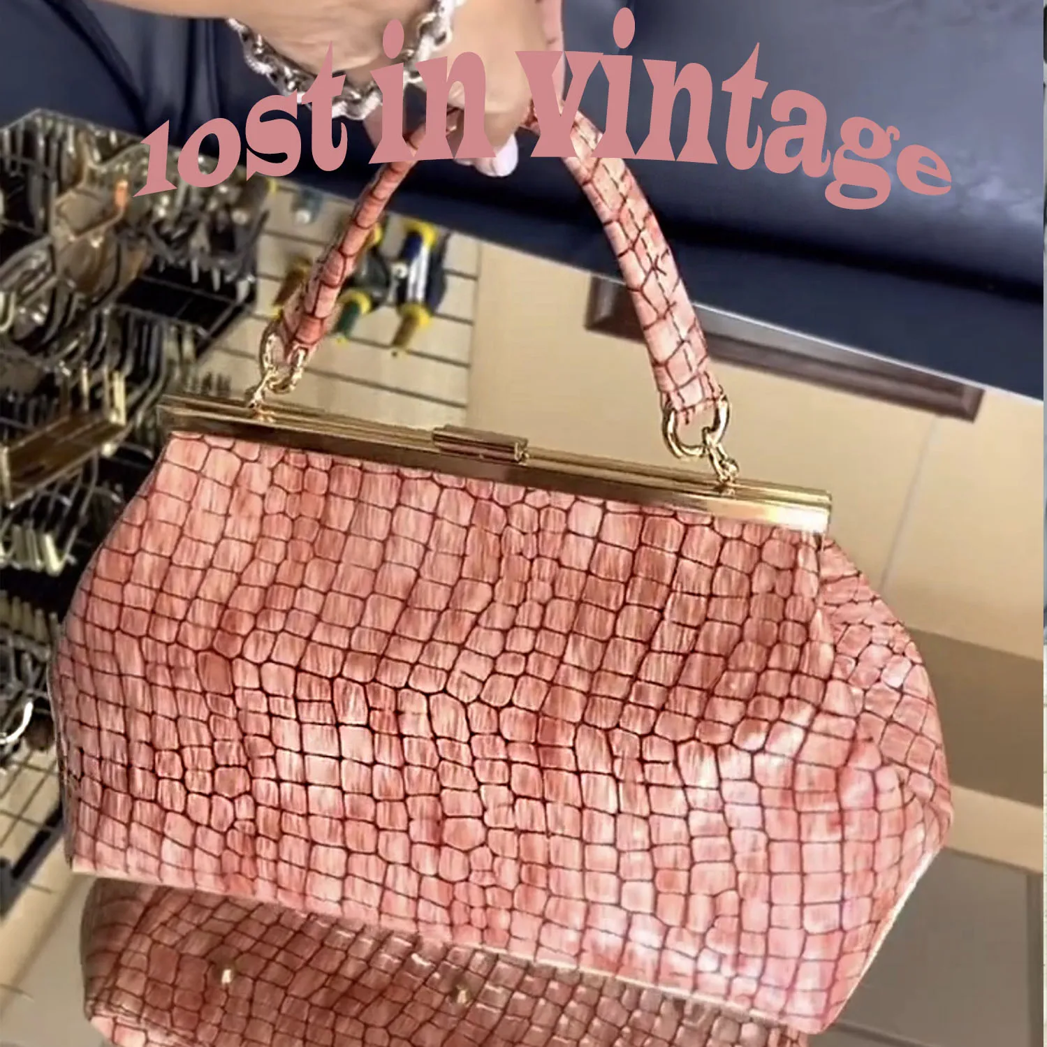 Lost in Vintage Metal Frame Under Gold Pink Crocodile Leather Artficial Leather Bags Evening Clutch 37x20x15cm Hasp Clutch Borsa