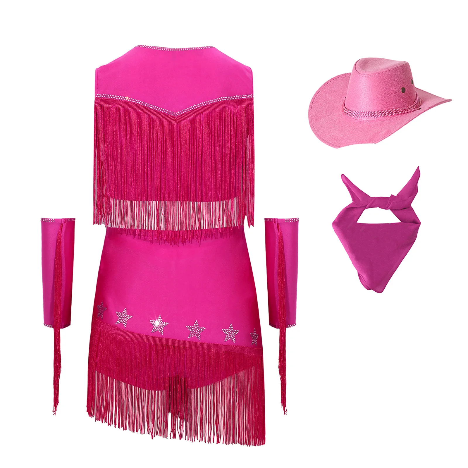 Teen Girls Halloween Western Cowgirl Costume Tassel Crop Vest Tops with Skirt Gloves Hat Kerchief Jazz Dance Performance Outfit view 4