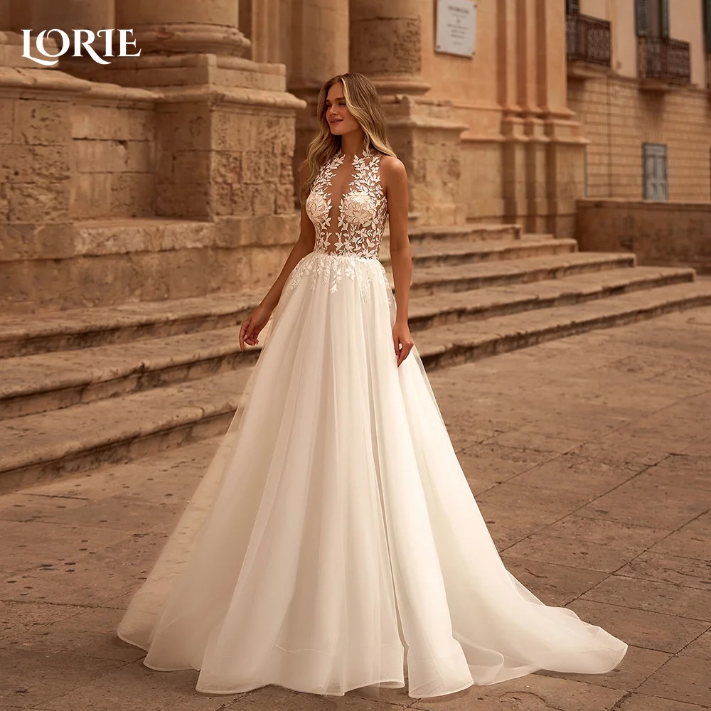 LORIE رشيقة عالية الرقبة فساتين زفاف الشاطئ ثلاثية الأبعاد الأزهار زين الدانتيل زي العرائس vestido de novia حجم كبير مخصص 2025