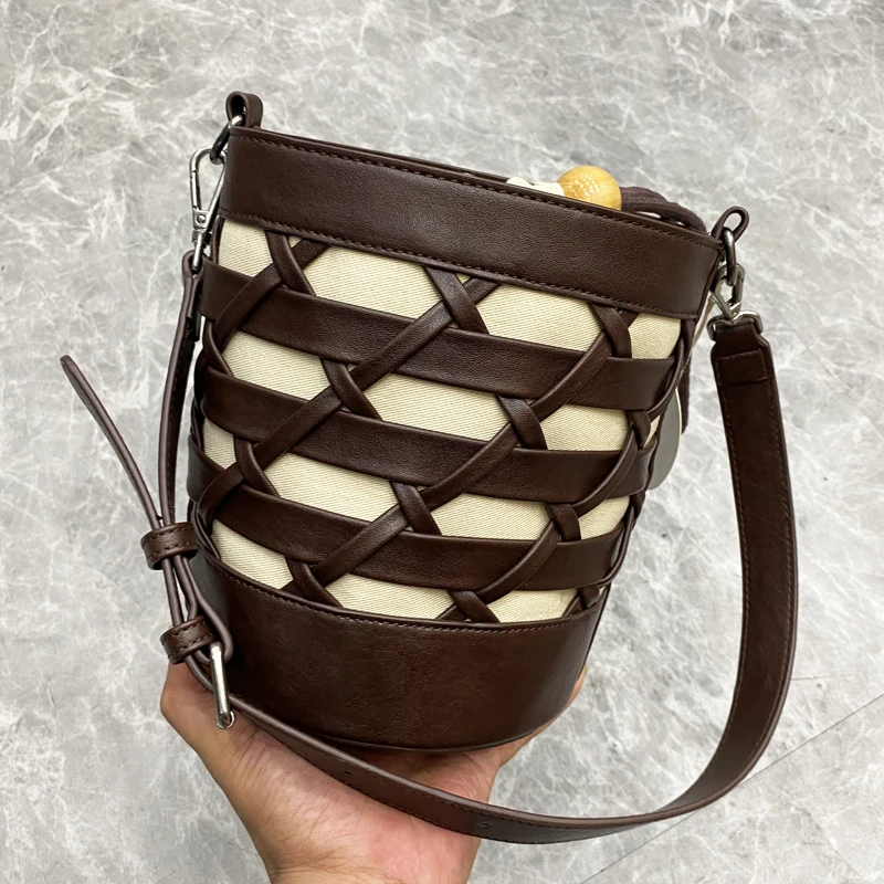 

Vintage Small Bucket Bags For Women Luxury Designer Handbag Purses 2025 New In PU Hand Woven Hollow Two Straps Underarm Shoulder