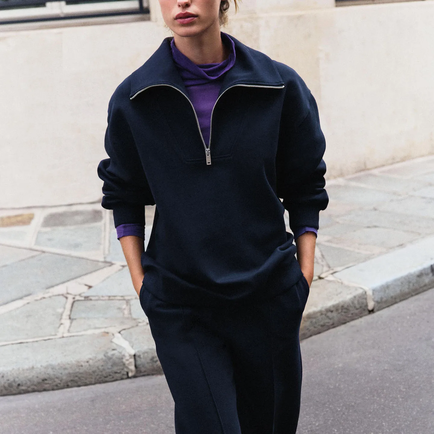 Women's Long Sleeve Collared Sweatshirt Multi-Color Elastic Waist Wide Leg Pants Two Piece Set Fashionable Casual Outfit