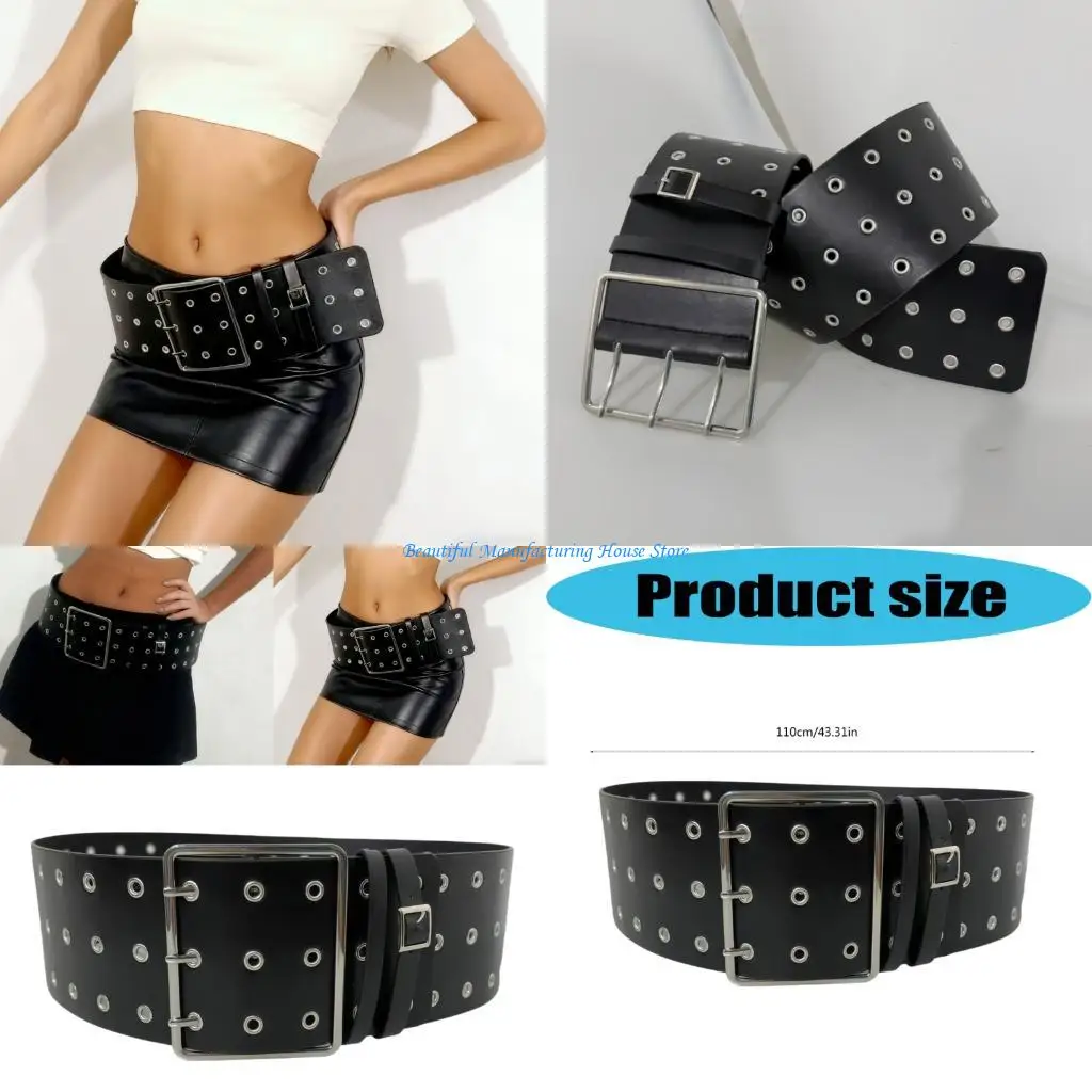 E56A Punk Rock Wide Faux Leather Belt Metal Eyelet Hollow Studs Black Brown Casual