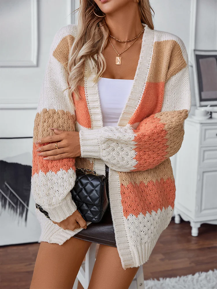 Miyouj 2024 Autumn Women Crochet Knitted Long Cardigan Sweater Y2K INS Clothing Outwear Striped Long Sleeve Open Front Warm Tops