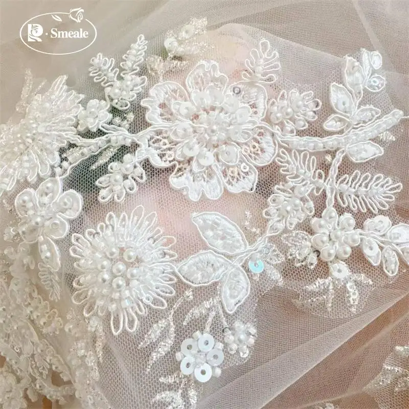 34X17CM Weiße Rayon-Perlen-Pailletten-Blumen Bestickte Spitzen-Spiegel-Applikation. Braut-Kopfschmuck. Patch DIY Hochzeitsaccessoires zum Nähen. – Detail 3