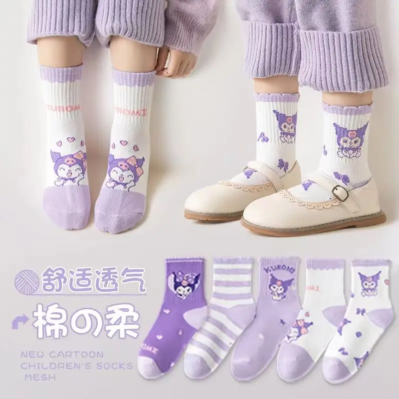 5 pezzi calzini per bambini Sanrio calzini per bambini hellobykitty Cinnamoroll Melody Kuromi Anime Sock primavera autunno inverno morbido regalo per ragazza traspirante