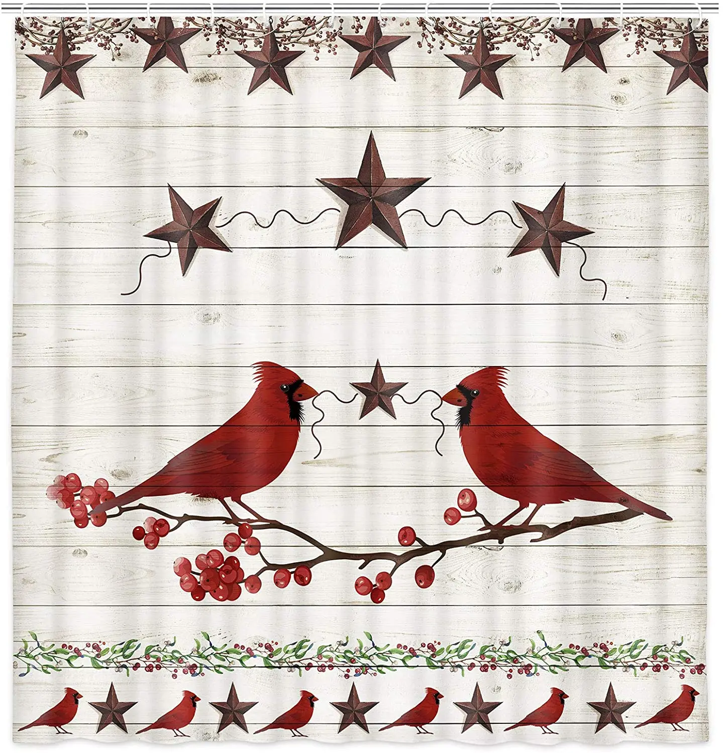 Rustic Farmhouse Christmas Shower Curtain Funny Red Cardinals with Western Texas Barn Star Fabric Country Bath Curtains Bathroom