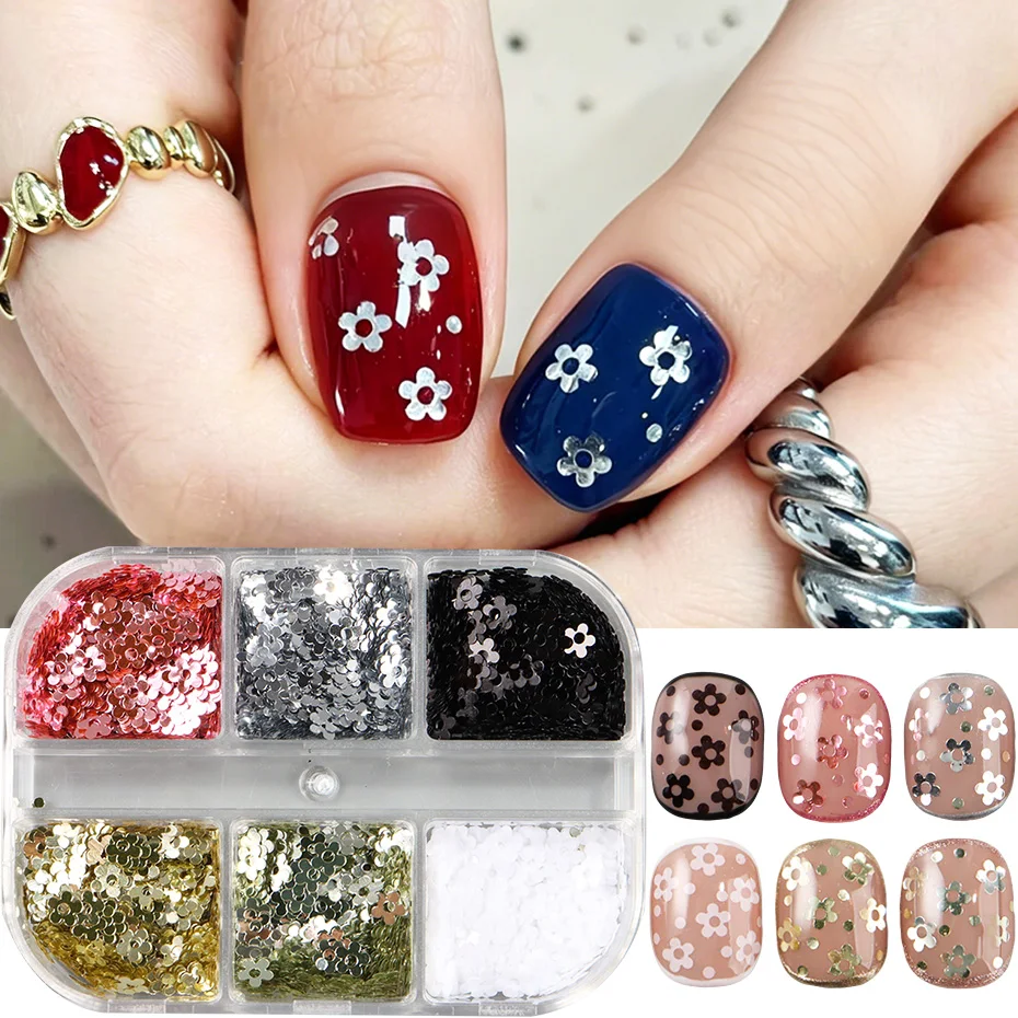 6er-Set Mini-Blumen Nagelpailletten Silber/Rosa/Schwarz/Weiß Gemischte Farben Blumen-Nagelglitzer-Flocken DIY Nagelkunst-Dekorationen