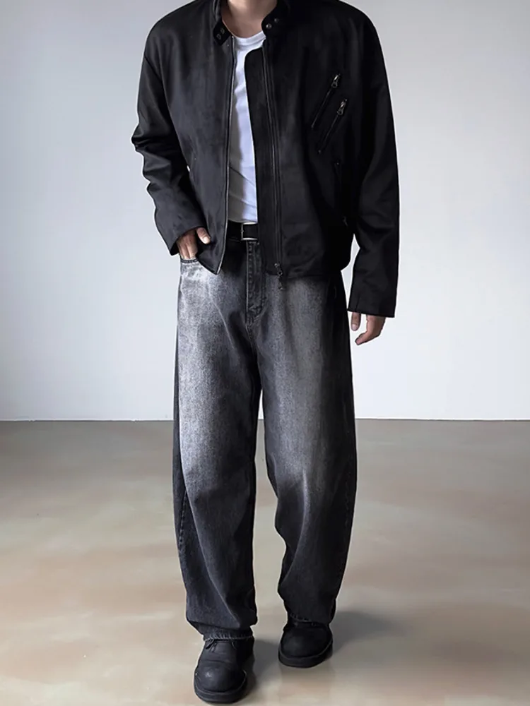 

Осень 2023, мужские потертые джинсы в корейском стиле, повседневные универсальные брюки, прямые широкие брюки, свободные мужские джинсовые брюки