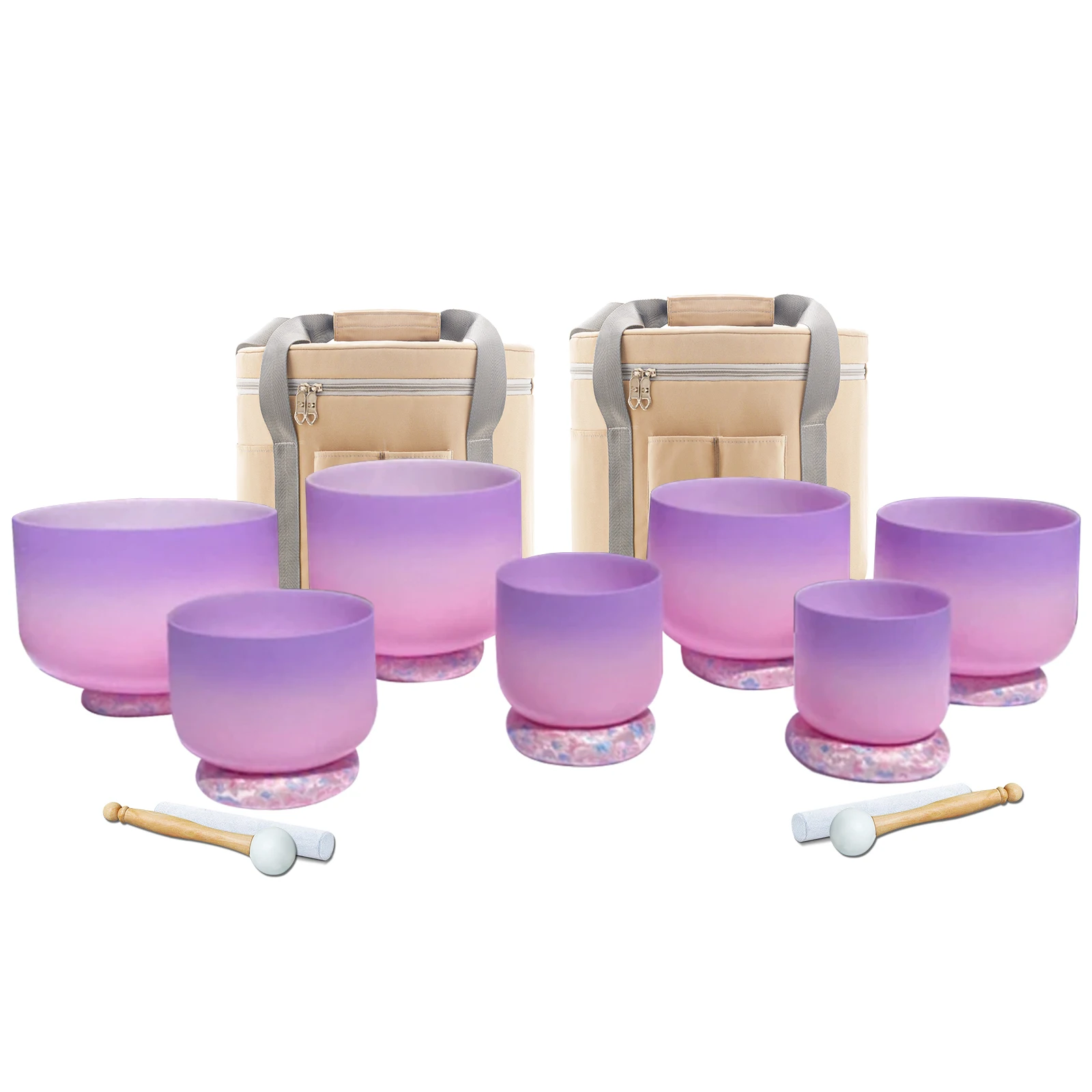 

Hye-eun 8-14 inch Perfect Pitch 7pcs Gradient Purple Chakra Ball Frosted Quartz Crystal Singing Bowl Set with Carry Bags