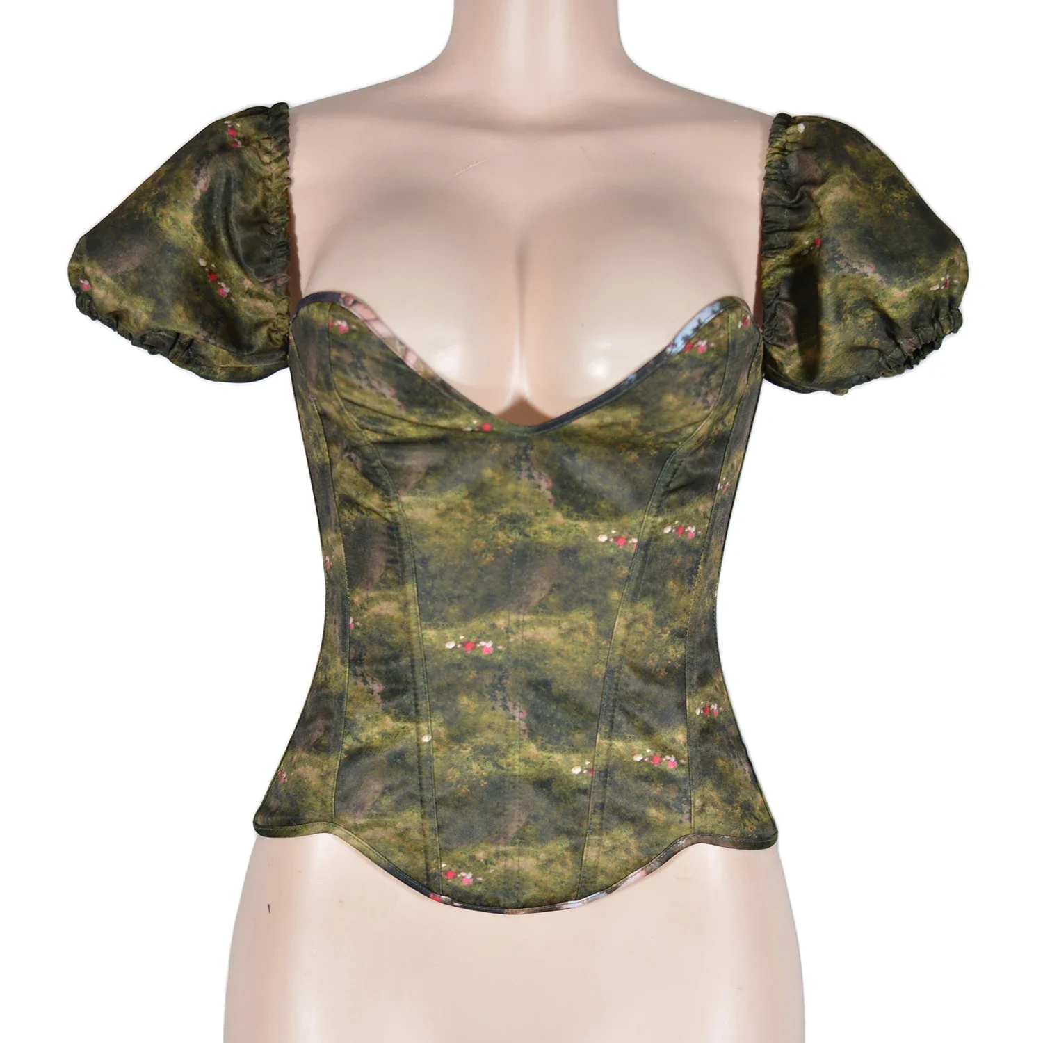 

Женский корсет с завышенной талией на шнуровке, корректирующие топы с короткими рукавами, винтажные лифы с зелеными принтами, бюстье с тонкой талией