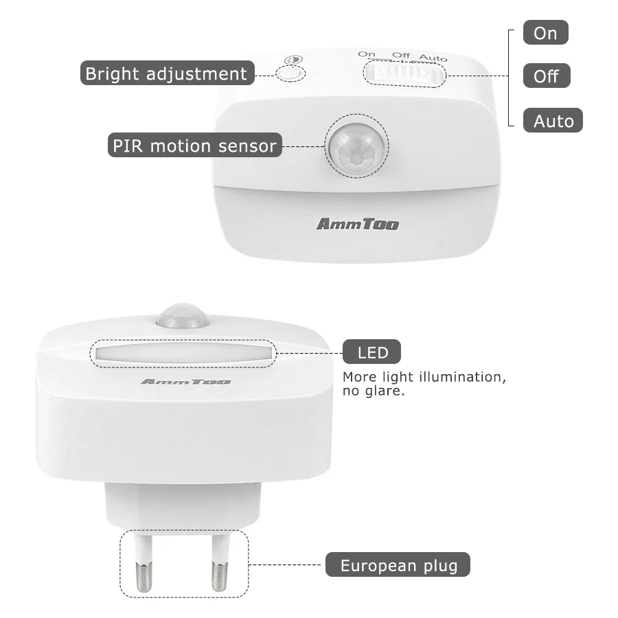 모션 센서 야간 조명, EU 플러그 인 220V 배터리 전원, 모션 감지기 LED 야간 램프, 침실 옷장 주방 변기 계단