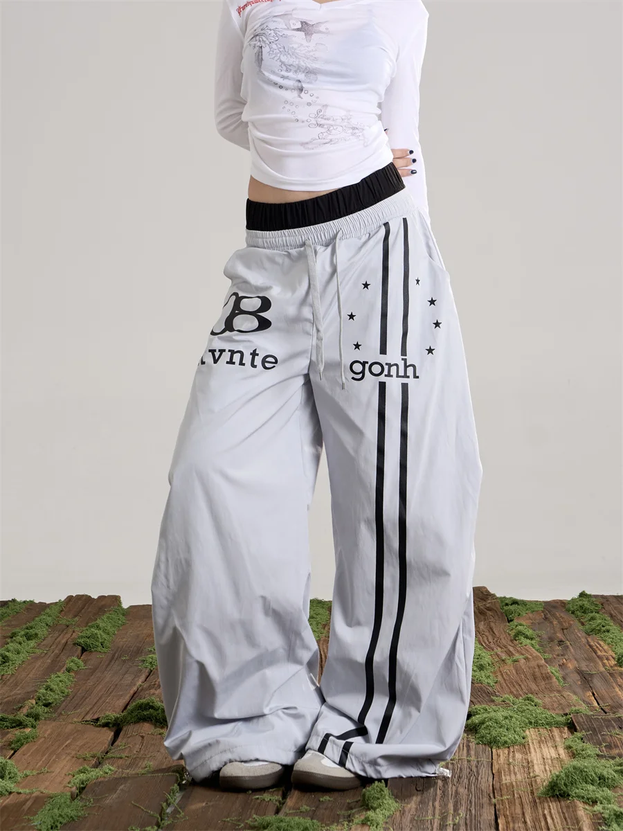 

American Sle Streetwear Star Print Double Waist Dstring Loose Wide Leg Casual Trousers for Women Straight Cut Sports Pants