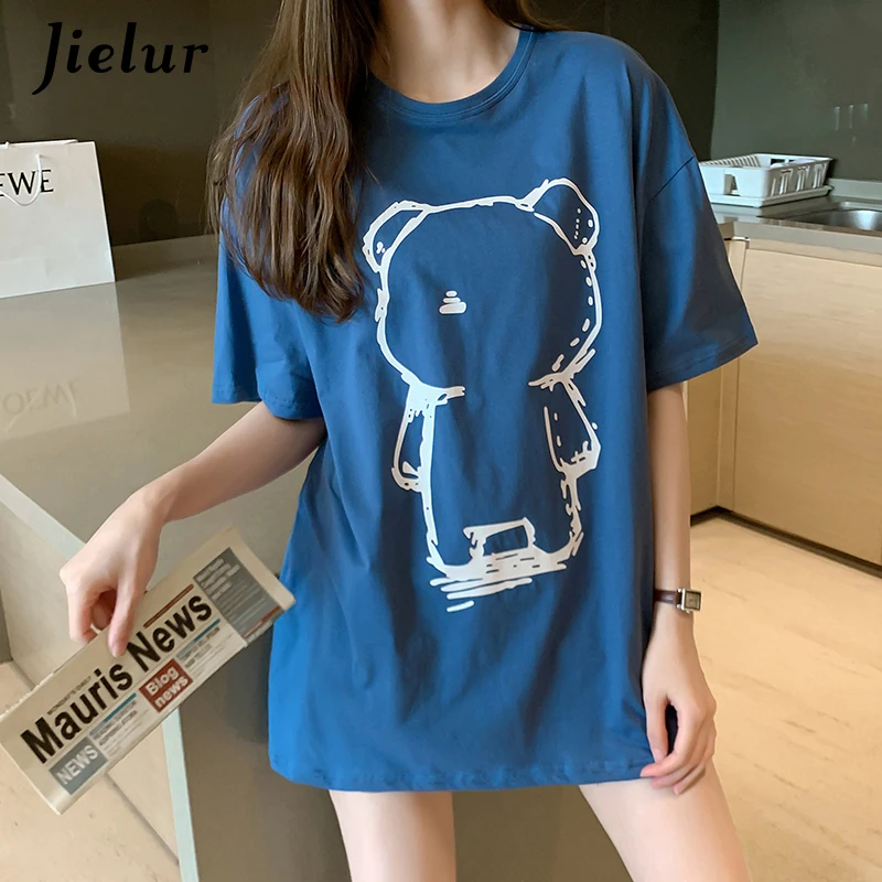 New Cute Cartoon Print T-shirts Women Summer Short Sleeve Tee Shirts Fashion Casual White Blue Pink M-XXL T-shirts Tops Hipster