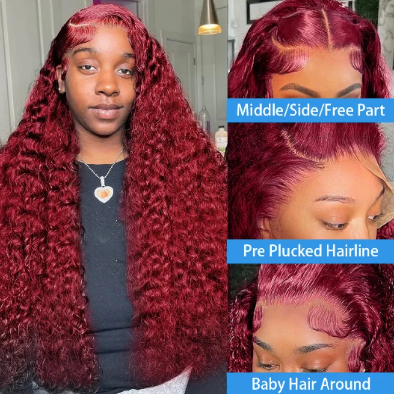 Brazilian remy 13x6 99J Burgundy hd lace front Curly human hair wig glueless preplucked deep wave cheap wigs on sale clearance