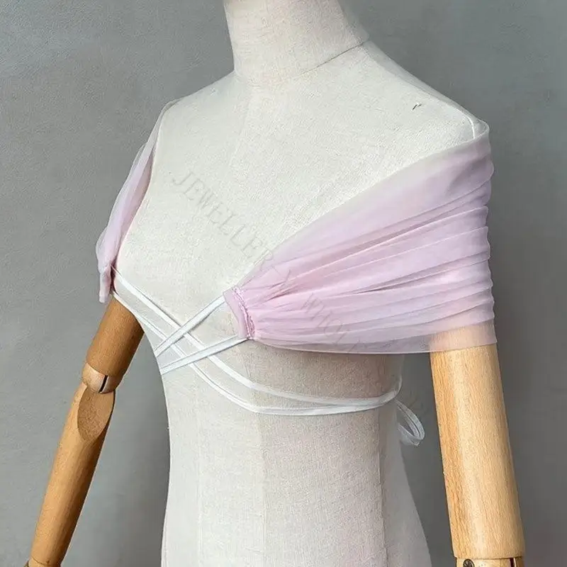 R7UF Formal Dress Shawl with Crossed-Wrap Ties and Ruffle Mesh Panels for Bride