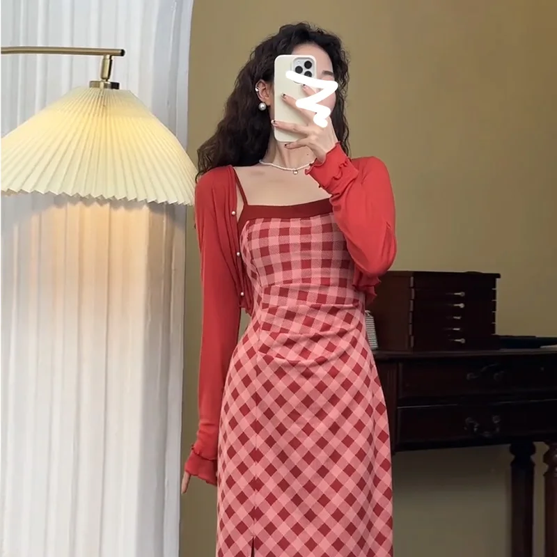 レッドチェック柄ストラップドレ女性の秋の新作Sle CleteロングスカートフレンチSleウエストシンチドスプリットE12068