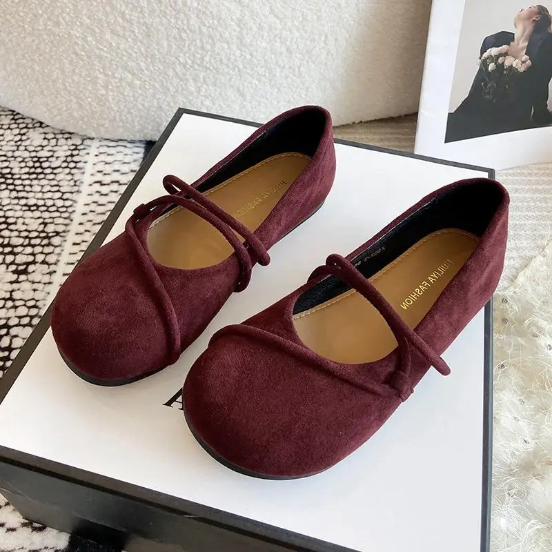 Women's Red Suede Surface Grandma Flat Shoes Round Toe All Inclusive Soft Soled Shoes 2025 Autumn Shallow Mouth Single Shoes