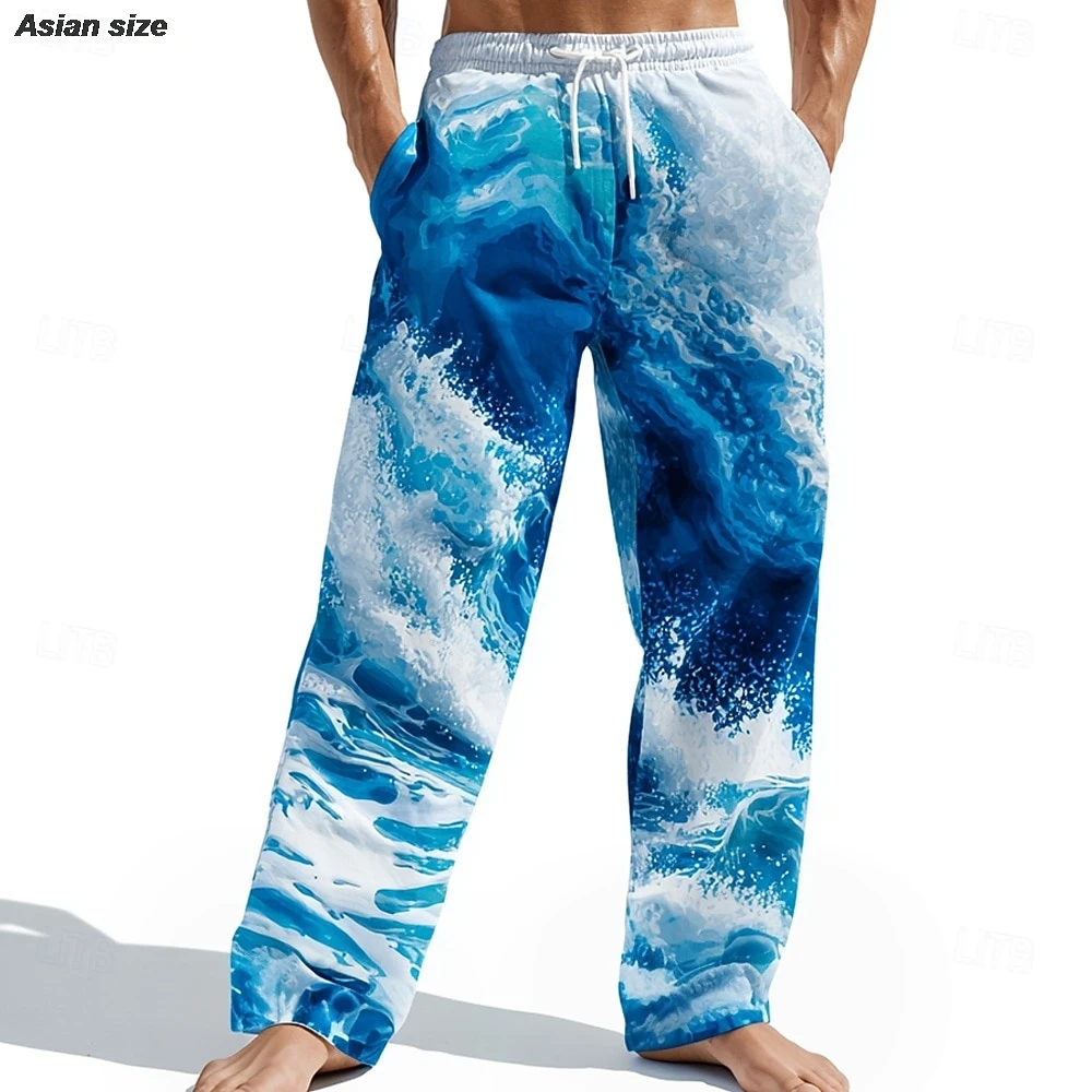 2026 Men's Ocean Waves Trousers Baggy Pants Casual Pants Mid Waist Hawaiian Outdoor Vacation Beach Wear Elastic Drawstring Waist