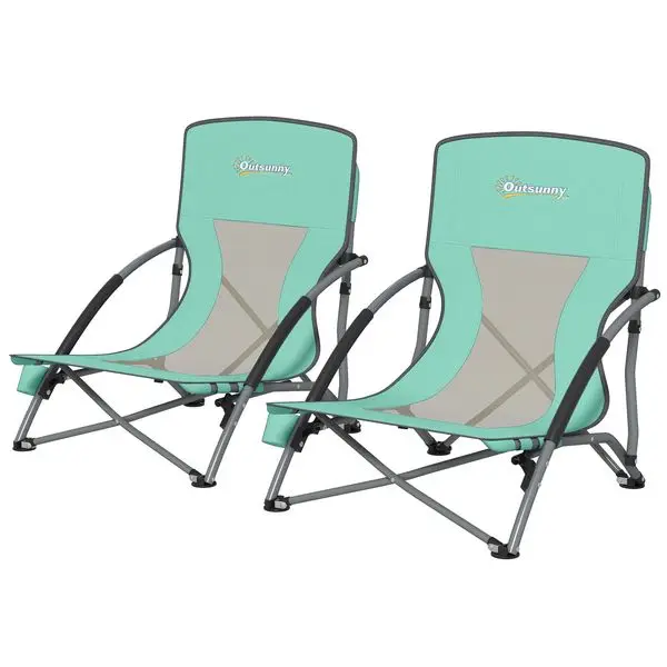 

Outsunny Set of 2 Folding Beach Chairs with Mesh Back, Carry Bag and Cup Holder for Outdoor Camping Lawn Sports Picnic Turquoise